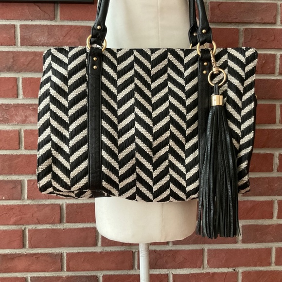 •Lauren Merkin Juliette Black White Chevron Satchel Briefcase Shoulder B… - Picture 12 of 16